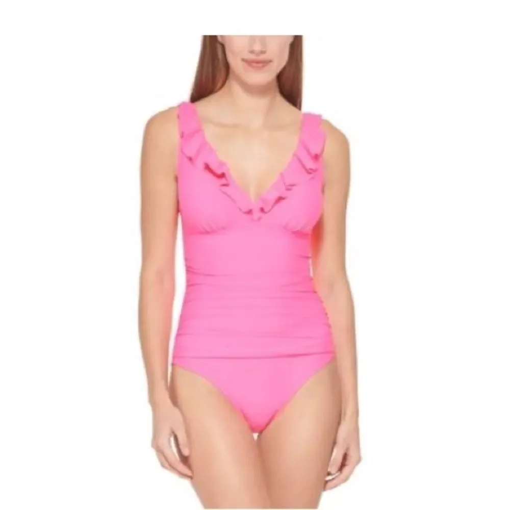 DKNY Ruffle Plunge Underwire Tummy Control One-Piece Swimsuit swim neon Pink